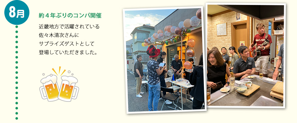 8月約4年ぶりのコンパ開催　近畿地方で活躍されている佐々木清次さんにサプライズゲストとして登場していただきました。