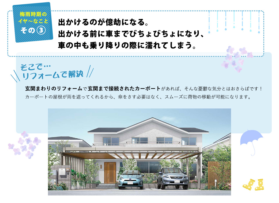 梅雨時期のイヤ～なことその3：出かけるのが億劫になる。出かける前に車までびちょびちょになり、車の中も乗り降りの際に濡れてしまう。 そこで…リフォームで解決！玄関まわりのリフォームで玄関まで接続されたカーポートがあれば、そんな憂鬱な気分とはおさらばです！カーポートの屋根が雨を遮ってくれるから、傘をさす必要はなく、スムーズに荷物の移動が可能になります。