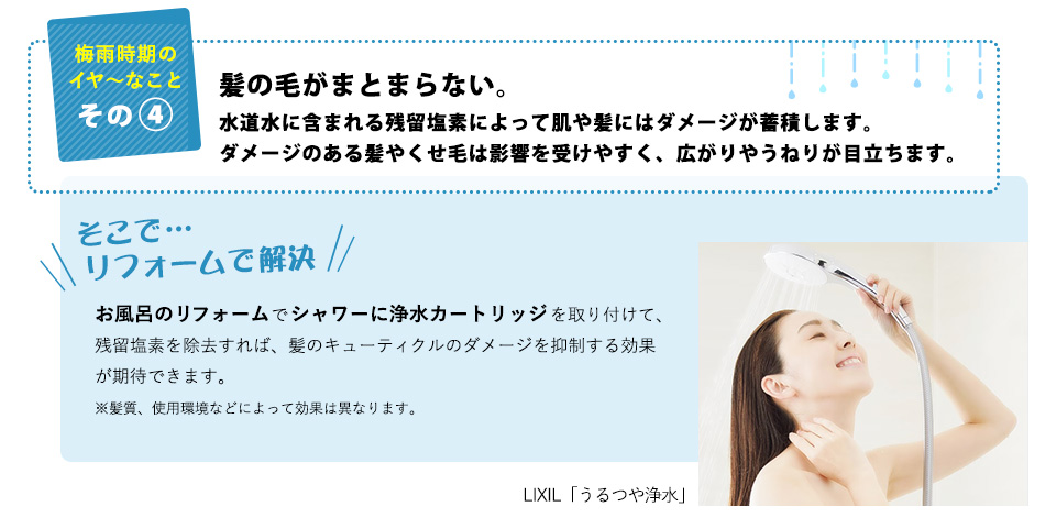 梅雨時期のイヤ～なことその4：髪の毛がまとまらない。水道水に含まれる残留塩素によって肌や髪にはダメージが蓄積します。ダメージのある髪やくせ毛は影響を受けやすく、広がりやうねりが目立ちます。 そこで…リフォームで解決！お風呂のリフォームでシャワーに浄水カートリッジを取り付けて、残留塩素を除去すれば、髪のキューティクルのダメージを抑制する効果が期待できます。※髪質、使用環境などによって効果は異なります。（例：LIXIL「うるつや浄水」）